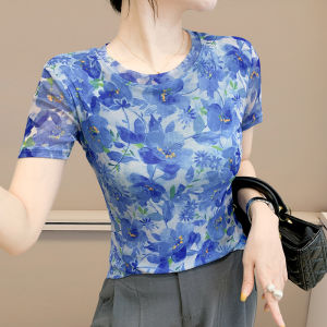 YIMEI 2025 Summer Fashion High Elasticity Mesh Printed Sweet T-shirt for Women Short Sleeve Round Neck Slim Fit and Stylish Large Top
