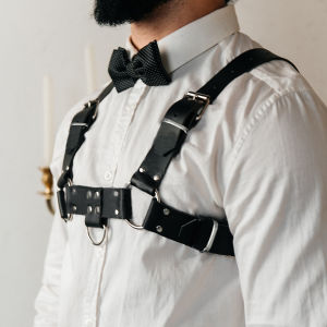 Punk Gothic Black PU Leather Shoulder Chest Harness For Men Adjustable Strap With Bowtie Decor For Club Rave Festival Stage Outf