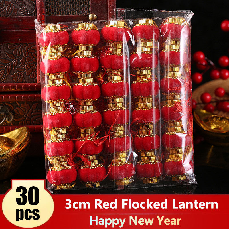 YESPERY 30pcs/lot 3cm Small Flocking Red Lanterns DIY Craft Cute Chinese Spring Festival Hanging Lanterns New Year Decor