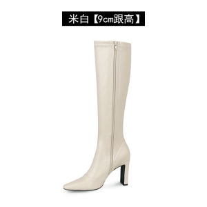 White High-Top Boots Womens Fashionable Early Autumn Winter High Heels Long Boots Square Head Thick Heel Midi Skirt Booties