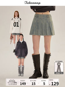 Takeanap Nap Time Short เดนิม กระโปรงพลีท ผู้หญิง New Vintage Washed ทรงเอ School Style Mini กระโปรง หวาน Natural เอว ผ้าฝ้าย Pure Color