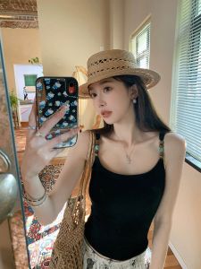 Womens Short Sleeveless Tank Top with Chest Pad Integrated Strap Vest Purple Beads Outerwear Summer Beautiful Back for Young Girls