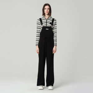 COLOVE Black Casual Pants Womens Spring Fashion Design Wide Leg Strap Stylish Trendy Straight Cut Cotton Polyester Blend