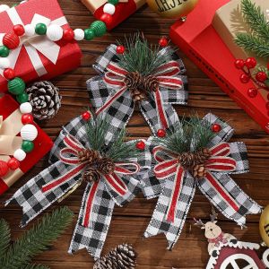 3 Pcs Christmas Burlap Plaid Bow with Pine Cones Pine Needles Xmas Checkered Ribbon Bow for Christmas Indoor Outdoor Farmhouse