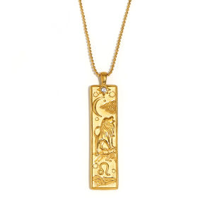 E.B.belle Classic Twelve Zodiac Rectangular Pendant Thin Beaded Chain Necklaces for women trendy womens stainless steel jewelry
