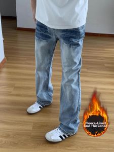 Thickened Flannel Flash Pattern Light Colored Jeans Straight Tapered Pants