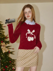 unifree | Korean Style Cute Cherry Jacquard Imitation Mink Fur Soft and Slouchy Fitted Retro Sweater