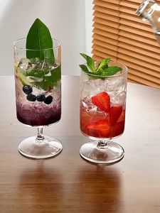 【พร้อมส่งจากไทย】 แก้วเครื่องดื่มสีใส สุดน่ารัก มีขาจับลายสวย เหมาะกับเครื่องดื่มเย็น สไตล์เกาหลี