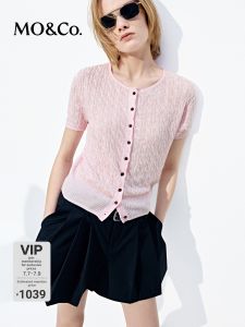 MO&Co. | Vintage Texture Cotton Linen Knitted Cardigan Round Neck Short Sleeve