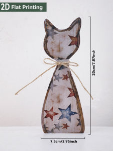 4th of July Patriotic Cat Shaped Table Sign Vintage American Star Stripes Cat Statue Rustic Independence Day Home Desktop Decor