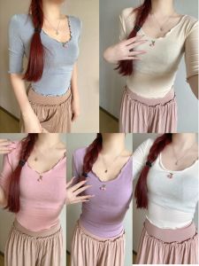 Áo Thun Tay Giữa Ôm Vừa Vặn Pure Desire Style Little Cherry Áo Thun Ngắn Mùa Hè Mềm Mại Thanh Lịch Làm Lớp Lót Cho Áo Sơ Mi