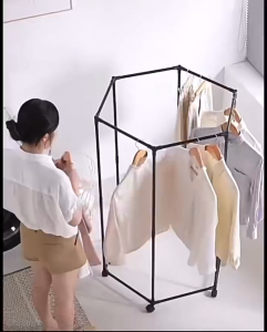 Stainless Steel Clothes Rack Hexagonal 360 Rotatable Movable Double-Layer Wheeled Bedroom Penggantung Baju 晾衣架