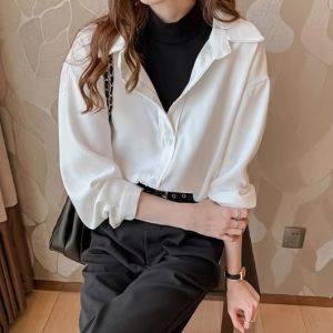 Thickened Fleece Long Sleeve Shirt Women Casual Style Half High Collar Inner Wear Layering Korean Version Straight Cut Shirt
