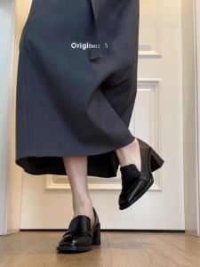 Genuine Leather Loafers Womens High Heels Square Head British Style Small Leather Shoes Soft Bottom Thick Heel Single Shoe Autumn Soft Leather Womens Shoe