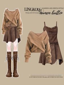 NUMEN BUTTON | Large Size Travel Wear Small Frame Fall V-Neck Knit Dress