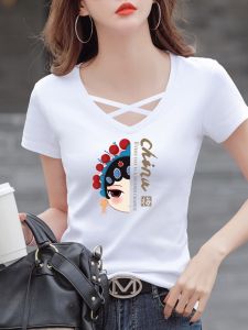 Summer New Style Womens Slim Fit Cotton T-Shirt V-Neck Short Sleeve Casual Top Peking Opera Mask Print Comfortable Breathable