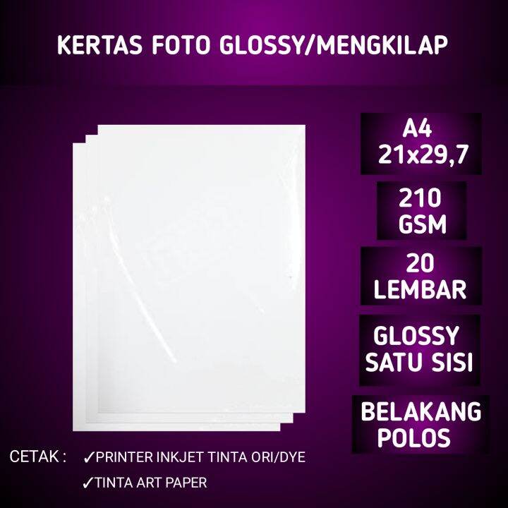 Kertas Foto Glossy Mengkilap 210 Gsm A4 Isi 20 Lembar Glossy Photo