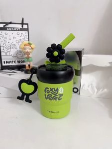 COCOSMILE แก้วเก็บความเย็น แก้วเยติ 316 วัสดุสแตนเลส 450ml แก้วกาแฟ การ์ตูนน่ารัก ง่ายต่อการพกพา พร้อมหลอด