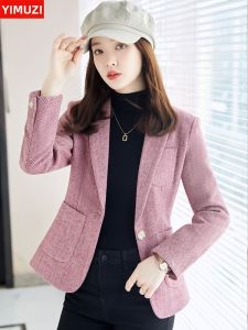YIMUZI | Pink Wool Short Style Suit Jacket for Petite Women