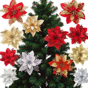 10Pcs Glitter Christmas Flowers Xmas Tree Decoration Flowers Home 2025 Merry Christmas Decor 14cm