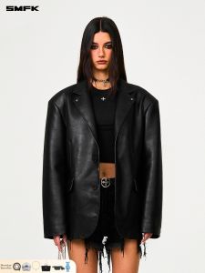 SMFK | Classic Midnight Star Style Loose Shoulder Padded Leather Jacket