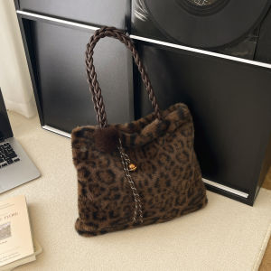 TANGKOU | Leopard Print Furry Bag Female Crossbody Tote Bag Plush Shoulder Bag