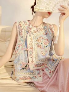 New Chinese Style Heavy Embroidery Silk Womens Top Sleeveless Luxury Elegant National Style Vest High-End Sensation