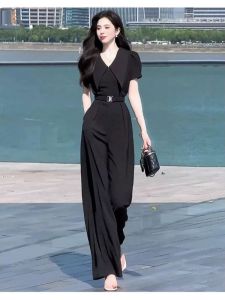 Business Commute High Waist Wide Leg Jumpsuit Womens Short Sleeve One-Piece Suiting Pantsuit Summer Fashion D1905