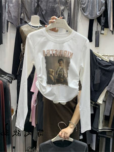 Áo Thun Dài Tay Màu Trắng Cho Nữ Áo Ngắn Dáng Ôm Có Dây Rút Thiết Kế Mùa Xuân Chất Liệu Cotton Phong Cách Công Sở Cổ Tròn