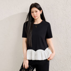 Plus Size Ruffle Trim T-Shirt Slimming Black Top