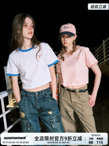 SuaMoment Casual Loose Short Sleeve T-Shirt Men Women Spring Autumn Fashion Print Color Block Collar Gothic Font Cotton Tee