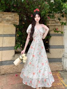 Flowery French Style Plus Size Womens Dress Summer New Arrival Soft Bubble Sleeve Waist Tight A-Line Skirt V-Neck Pullover