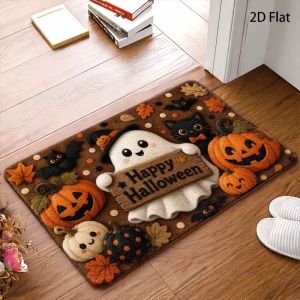VIKAMA Happy Halloween Doormat Non-Slip Entryway Holiday Decor Rug with Ghost and Pumpkin Design Bathroom Mat Home Decor