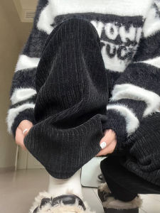 กางเกงขายาวทรงตรงผ้าขนแกะสำหรับผู้หญิงในฤดูหนาว กางเกงขายาวทรงตรงหนา อบอุ่น กันลม กางเกงขายาวทรงตรงผ้าฝ้าย