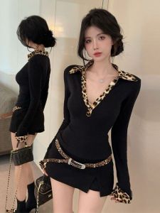 Fashionable Leopard Print Splice Polo Neck Deep V Neck Long Sleeve T Shirt Women Winter Slim Fit Versatile Casual Style Top