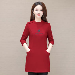 Middle-Aged Women Long Velvet Padded Bottoming Shirt Western Style Ladieswear Winter Thick Fashion Trendy Sweater Thermal Dress