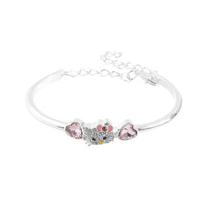 Sanrio | Silver Tone HelloKitty Bangle Bracelet Zinc Alloy with Paved Crystal Kitty & Pink Heart Stones Adjustable Link Chain for Girls