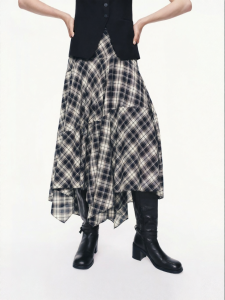 MO&Co. | Wool Silk Blend Plaid High Waist Irregular Stitched Half Skirt