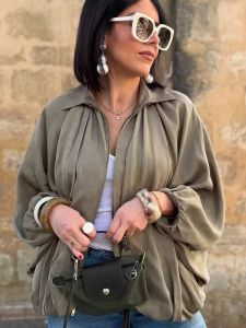 แฟชั่นขนาดใหญ่ Bamber แจ็คเก็ตผู้หญิงพัฟแขนจีบผู้หญิง Zipper Coat 2025 ฤดูใบไม้ร่วง Lady Outwears หลวม Patchwork เสื้อ