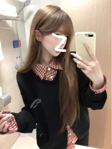 Korean Style College Wind Thickened Fleece Womens Sweatshirt Plaid False Two-Piece Autumn Winter Long Sleeve V-Neck Top