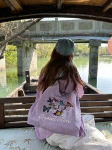 Embroidered Purple Canvas Shoulder Bag Womens Casual Commuter Bag 2024 New Style Ballchain Crystal Tiara Fashionable Nylon Purse