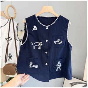 LIYANGANG | Cartoon Embroidered Sleeveless Waistcoat Cotton Hemp Style Simple Fashion Korean