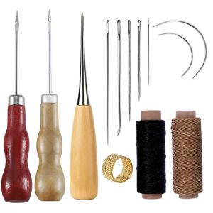 13 Pcs Leather Sewing Kit Handbag Shoe Repair Set with Awl Waxed Thread Stitching Needles Thimble for Handmade Stitching Home