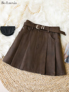 High Waist PU Leather Mini Pleated Skirt Womens Autumn Winter A-Line Half Body Skirt Commute Korean Style with Lining Zipper