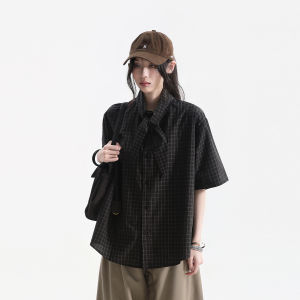 zuocisankon | Design Tie Neck Check Short Sleeve Shirt