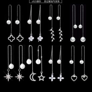 K-style Fancy Diamond Long Earrings 2023 New Arrival Trendy Minimalist Pearl Super Fairy Ear Studs S925 Silver Earrings