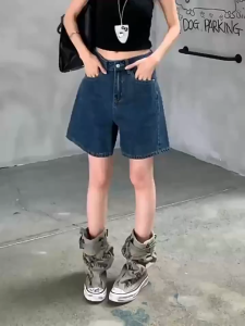 YODO กางเกงยีนส์ขาสั้นเอวสูงสไตล์เกาหลี สีน้ำเงินวินเทจ ทรงA-line หลวมสบาย