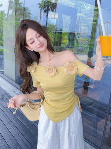 Zhang Xinyou Orange Bubble Water Knitted Short Sleeve Top Womens Summer New Style French Style Shoulder Slanting Flower 3D Print T-shirt