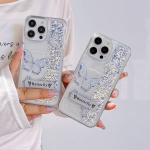 Dimbeply Ốp điện thoại cho Samsung Cát chảy S21 S22 S23 S24 cộng với S24 siêu bướm dễ thương kim cương lấp lánh lỏng silicon trong suốt bìa cứng với đứng chủ