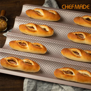 CHEFMADE Perforated Baguette Pan 15-Inch 4 Wave Loaves Non-Stick Ultra-Ventilate French Bread Pan 2.8-Inch Channel for Oven Baking WK9865